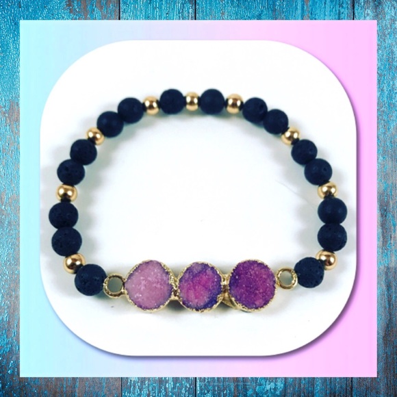 SALE ! pink purple druzy quartz lava rock bracelet - Picture 2 of 8